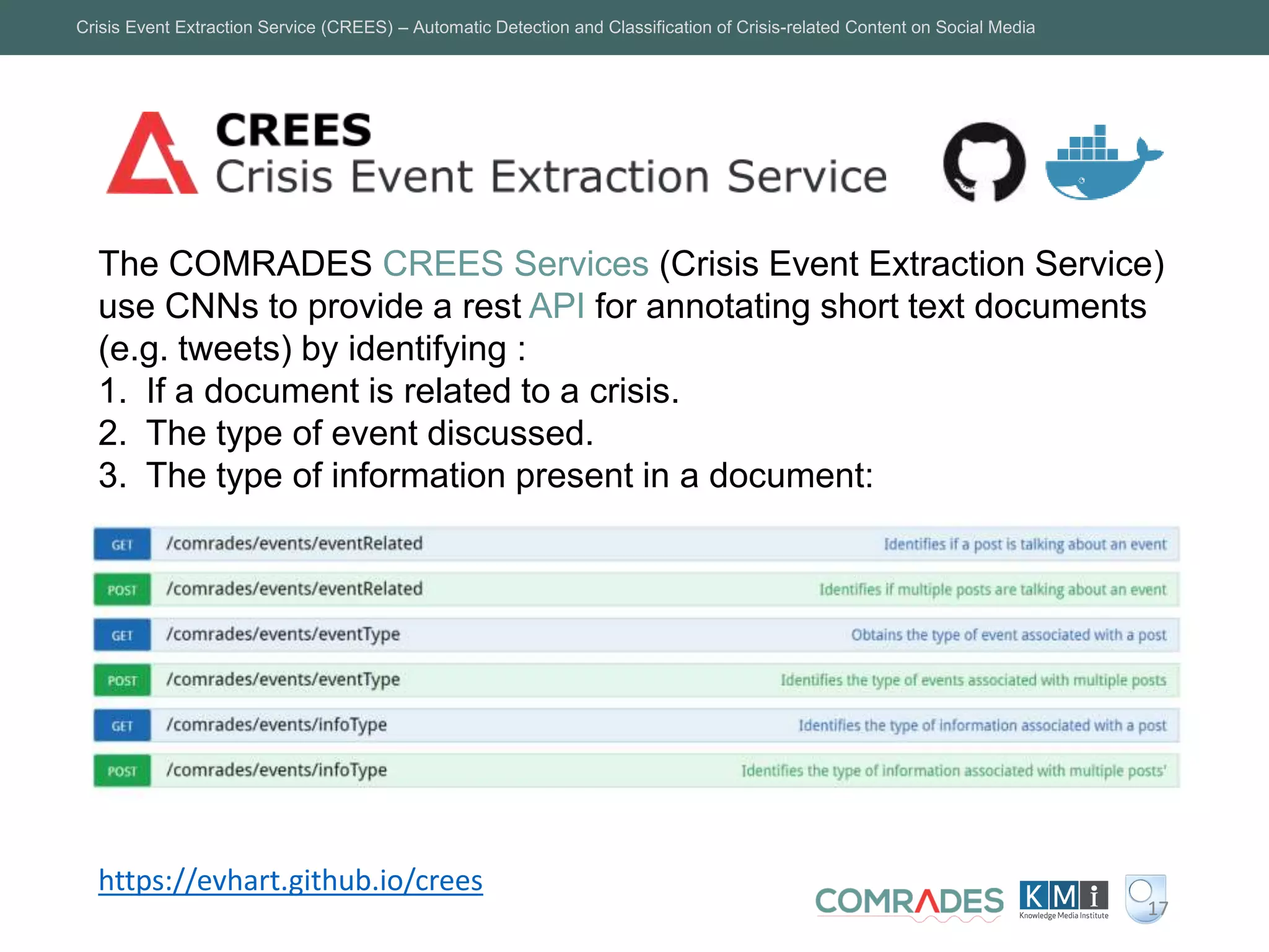 Crisis Event Extraction Service (CREES) – Automatic Detection and Classification of Crisis-related Content on Social Media
1717
The COMRADES CREES Services (Crisis Event Extraction Service)
use CNNs to provide a rest API for annotating short text documents
(e.g. tweets) by identifying :
1. If a document is related to a crisis.
2. The type of event discussed.
3. The type of information present in a document:
https://evhart.github.io/crees
 