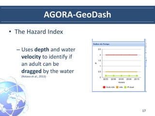 AGORA-GeoDash
• The Hazard Index
– Uses depth and water
velocity to identify if
an adult can be
dragged by the water
(Rota...