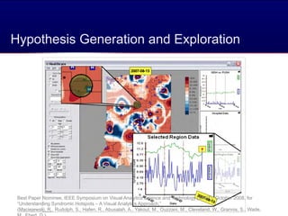 Hypothesis Generation and Exploration




 Best Paper Nominee, IEEE Symposium on Visual Analytics Science and Technology (VAST), October 2008, for
 “Understanding Syndromic Hotspots – A Visual Analytics Approach,”                                21
 (Maciejewski, R., Rudolph, S., Hafen, R., Abusalah, A., Yakout, M., Ouzzani, M., Cleveland, W., Grannis, S., Wade,
                                                          April 2012
 M Ebert D )
 