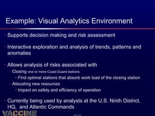 Example: Visual Analytics Environment
• Supports decision making and risk assessment

• Interactive exploration and analysis of trends, patterns and
  anomalies

• Allows analysis of risks associated with
  • Closing one or more Coast Guard stations
     • Find optimal stations that absorb work load of the closing station
  • Allocating new resources
     • Impact on safety and efficiency of operation

• Currently being used by analysts at the U.S. Ninth District,
  HQ, and Atlantic Commands
                                     April 2012
 
