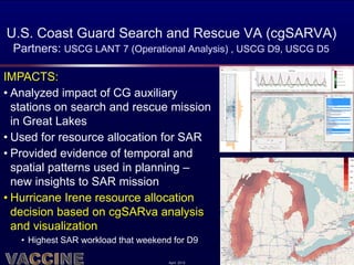 U.S. Coast Guard Search and Rescue VA (cgSARVA)
 Partners: USCG LANT 7 (Operational Analysis) , USCG D9, USCG D5

IMPACTS:
• Analyzed impact of CG auxiliary
  stations on search and rescue mission
  in Great Lakes
• Used for resource allocation for SAR
• Provided evidence of temporal and
  spatial patterns used in planning –
  new insights to SAR mission
• Hurricane Irene resource allocation
  decision based on cgSARva analysis
  and visualization
   • Highest SAR workload that weekend for D9

                                      April 2012
 