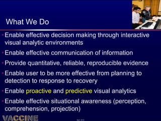 What We Do
• Enable effective decision making through interactive
  visual analytic environments
• Enable effective communication of information
• Provide quantitative, reliable, reproducible evidence
• Enable user to be more effective from planning to
  detection to response to recovery
• Enable proactive and predictive visual analytics
• Enable effective situational awareness (perception,
  comprehension, projection)
                            April 2012
 