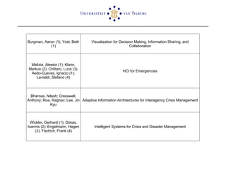 Burgman, Aaron (1); Yost, Beth (1) Visualization for Decision Making, Information Sharing, and Collaboration Malizia, Alessio (1); Klann, Markus (2); Chittaro, Luca (3); Aedo-Cuevas, Ignacio (1); Levialdi, Stefano (4) HCI for Emergencies Bharosa, Nitesh; Cresswell, Anthony; Roa, Raghav; Lee, Jin Kyu Adaptive Information Architectures for Interagency Crisis Management Wickler, Gerhard (1); Dokas, Ioannis (2); Engelmann, Hagen (3); Fiedrich, Frank (4) Intelligent Systems for Crisis and Disaster Management 