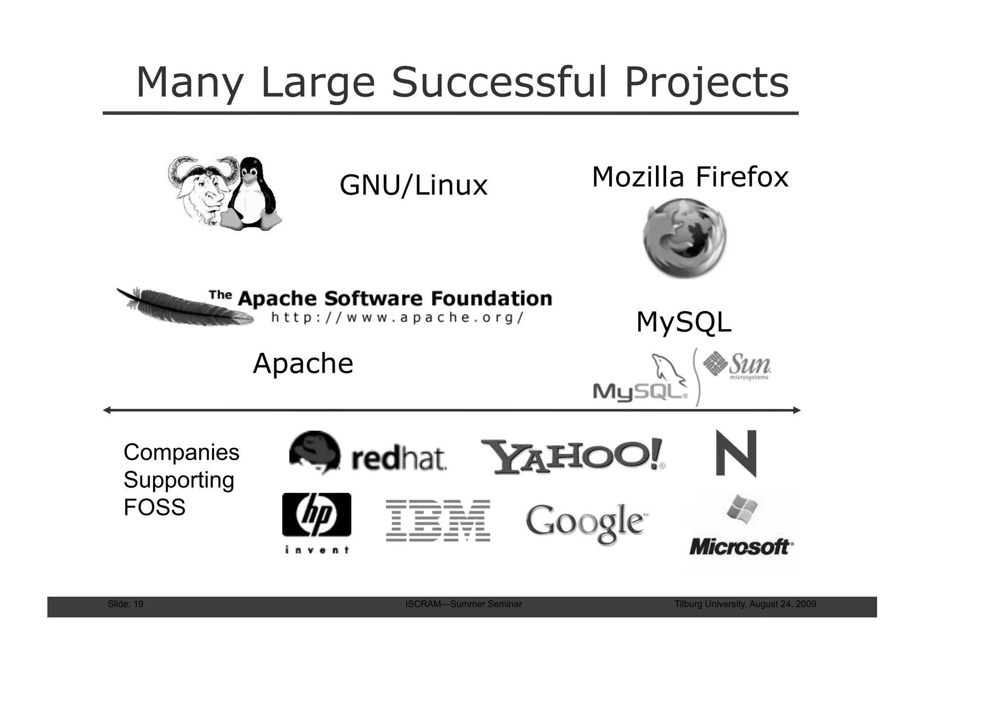 Many Large Successful Projects

                     GNU/Linux                   Mozilla Firefox




                                                    MySQL
                Apache


   Companies
   Supporting
   FOSS


Slide: 19                ISCRAM—Summer Seminar         Tilburg University, August 24, 2009
 