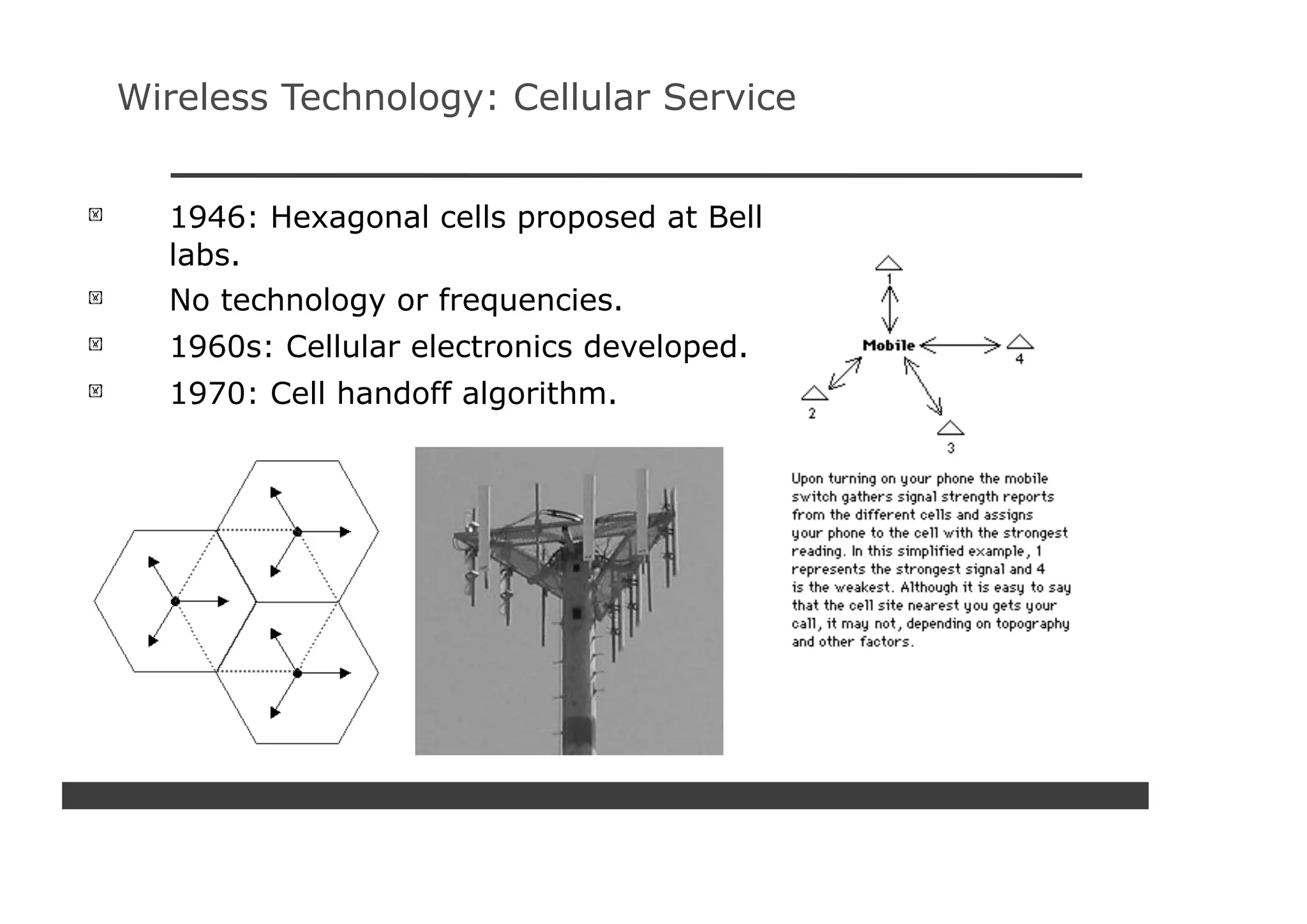 Wireless Technology: Cellular Service


  1946: Hexagonal cells proposed at Bell
  labs.
  No technology or frequencies.
  1960s: Cellular electronics developed.
  1970: Cell handoff algorithm.
 
