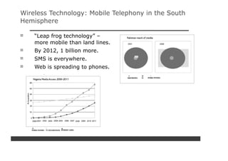 Wireless Technology: Mobile Telephony in the South
Hemisphere

    “Leap frog technology” –
    more mobile than land lines.
    By 2012, 1 billion more.
    SMS is everywhere.
    Web is spreading to phones.
 