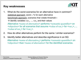 Key weaknesses

1. What do the worst scenarios for an alternative have in common?
          statistical approach: worst % ...