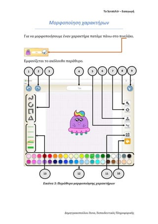 Το ScratchJr – Εισαγωγή
Δημητρακοπούλου Άννα, Εκπαιδευτικός Πληροφορικής
Μορφοποίηση χαρακτήρων
Για να μορφοποιήσουμε έναν χαρακτήρα πατάμε πάνω στο πινελάκι.
Εμφανίζεται το ακόλουθο παράθυρο.
Εικόνα 3: Παράθυρο μορφοποίησης χαρακτήρων
1 2 3 4 5 6 7 8 9
10
11
12
13
 