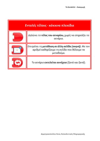 Το ScratchJr – Εισαγωγή
Δημητρακοπούλου Άννα, Εκπαιδευτικός Πληροφορικής
Εντολές τέλους - κόκκινα πλακίδια
Δηλώνει το τέλος του σεναρίου, χωρίς να επηρεάζει το
σενάριο.
Επιτρέπει τη μετάβαση σε άλλη σελίδα (σκηνή). Με τον
αριθμό καθορίζουμε τη σελίδα που θέλουμε να
μεταβούμε.
Το σενάριο εκτελείται συνέχεια (ξανά και ξανά).
 