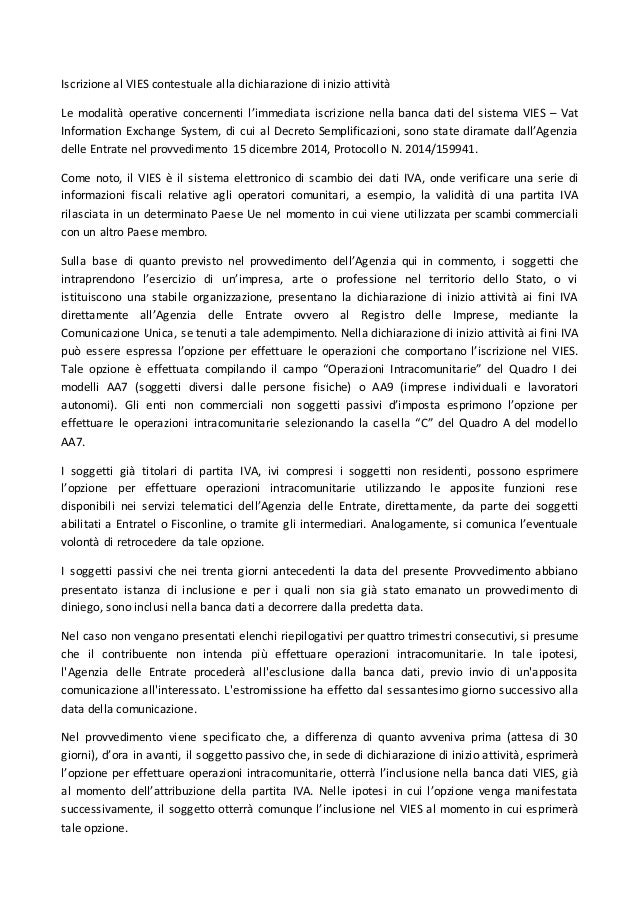 Iscrizione Al Vies Contestuale Alla Dichiarazione Di Inizio Attività