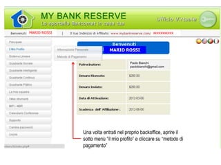 MARIO ROSSI                                         xxxxxxxxxxx



                           MARIO ROSSI

                                      Paolo Bianchi
                                      paolobianchi@gmail.com




              Una volta entrati nel proprio backoffice, aprire il
              sotto menù “il mio profilo” e cliccare su “metodo di
              pagamento”
 