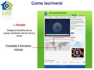 1 Passaggio

   Collegati al backoffice del tuo
sponsor all’indirizzo internet che lui ti
                fornirà



  Compilate il formulario
        indicato
 