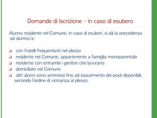Domande	 di	 Iscrizione	 –	 in	 caso	 di	 esubero	 
Alunno	 residente	 nel	 Comune,	 in	 caso	 di	 esuberi,	 si	 dà	 la	 precedenza	 
ad	 alunno/a:
❑ 	 con	 fratelli	 frequentanti	 nel	 plesso
❑ 	 residente	 nel	 Comune,	 appartenente	 a	 famiglia	 monoparentale
❑ 	 residente	 con	 entrambi	 i	 genitori	 che	 lavorano
❑ 	 domiciliato	 nel	 Comune
❑ 	 altri	 alunni	 sono	 ammessi	 fino	 ad	 esaurimento	 dei	 posti	 disponibili,	 
secondo	 l’ordine	 di	 vicinanza	 al	 plesso.	 	 	 
 