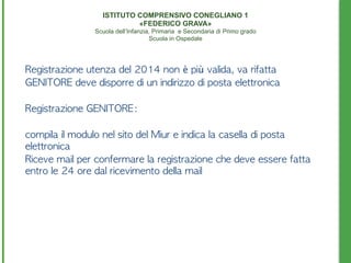 Registrazione	 utenza	 del	 2014	 non	 è	 più	 valida,	 va	 rifatta
GENITORE	 deve	 disporre	 di	 un	 indirizzo	 di	 posta	 elettronica
Registrazione	 GENITORE:
	 
compila	 il	 modulo	 nel	 sito	 del	 Miur	 e	 indica	 la	 casella	 di	 posta	 
elettronica	 
Riceve	 mail	 per	 confermare	 la	 registrazione	 che	 deve	 essere	 fatta	 
entro	 le	 24	 ore	 dal	 ricevimento	 della	 mail
ISTITUTO COMPRENSIVO CONEGLIANO 1 
«FEDERICO GRAVA» 
Scuola dell’Infanzia, Primaria e Secondaria di Primo grado 
Scuola in Ospedale
 