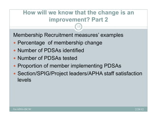 How will we know that the change is an
                improvement? Part 2
                  p
                          15

Membership Recruitment measures’ examples
           p                             p
 Percentage of membership change
 Number of PDSAs identified
 Number of PDSAs tested
 Proportion of member implementing PDSAs
      p                   p       g
 Section/SPIG/Project leaders/APHA staff satisfaction
  levels




For APHA-ISC/SC                                   2/28/12
 
