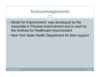 Acknowledgements
                          2

 Model for Improvement was developed by the
              p                   p    y
  Associate in Process Improvement and is used by
  the Institute for Healthcare Improvement
 New York State Health Department for their support




For APHA-ISC/SC                                   2/28/12
 