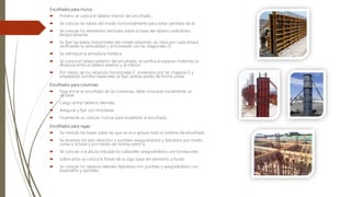 Encofrados para muros:
 Primero se coloca el tablero interior del encofrado.
 Se colocan las tablas del molde horizontalmente para evitar pérdidas de la
 Se colocan los elementos verticales sobre la base del tablero uniéndolos
temporalmente.
 Se fijan las tablas horizontales del molde utilizando un clavo por cada enlace,
verificando la verticalidad y arriostrando con las diagonales D.
 Se introduce la armadura metálica.
 Se coloca el tablero exterior del encofrado, se verifica el espesor midiendo la
distancia entre el tablero exterior y el interior.
 Por medio de los refuerzos horizontales F, sostenidos por las chapetas E y
empleando tornillos especiales se fijan ambas partes de forma solida.
Encofrados para columnas:
 Para armar el encofrado de las columnas, debe colocarse inicialmente un
de base.
 Luego armar tableros laterales.
 Asegurar y fijar con mordazas.
 Finalmente se colocan riostras para estabilizar el encofrado.
Encofrados para vigas:
 Se colocan las bases sobre las que se va a apoyar todo el sistema del encofrado.
 Se levantan los pies derechos o puntales asegurándolos y fijándolos por medio
cuñas a la base y por medio de riostras entre sí.
 Se colocan a la altura indicada los cabezales asegurándolos con tornapuntas.
 Sobre estos se coloca el fondo de la viga, base del elemento a fundir.
 Se colocan los tableros laterales fijándolos con puntillas y asegurándolos con
travesaños y puntales.
 