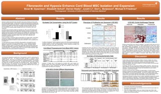 Fibronectin and Hypoxia Enhance Cord Blood MSC Isolation and Expansion
                                                                    Sivan M. Oyserman1, Elizabeth Schuh2, Darren Heeke1, Junzhi Li1, Dori L. Borjesson2, Michael S Friedman1
                                                                                                                                               Thermogenesis1, University of California School of Veterinary Medicine2




                                            Abstract                                                                                               Results                                                                                            Results                                                                                             Results
Attempts to isolate mesenchymal stem cells (MSCs) from equine umbilical cord blood (UCB)
have met with limited success. In these studies, we defined critical parameters correlating with            Nucleated Cell Concentration Using the AXP System                                                      Phenotype of Proliferative and Senescent UCB MSC                                                              UCB MSC Exhibit Multilineage Potential
successful UCB MSC isolation and expansion. 55 equine UCB units were processed using the
AutoXpress (AXP) system to reduce volume and deplete red blood cells (RBCs). Total NC                                                                         Pre-VXP
                                                                                                                                                                                                                                                 Proliferative                   Senescent                                    Adipocyte                     Osteoblast                  Chondrocyte
recovery averaged 87.0% (SE 1.57%) with mononuclear cell recovery at 95.4% (SE 4.3%).
Pre- and post-AXP processing viability averaged 94.5% (SE 1.5%) and 92.3% (SE 2.3%),                                                                          Post-VXP
respectively.                                                                                                                                                                                                            Vimentin
                                                                                                                                     A.
UCB MSCs were successfully isolated and expanded from >80% of the UCB samples. Post-                                        30                                   35
processing UCB NC number was the single critical parameter predictive for successful MSC                                                                         30
                                                                                                                       WB 25
expansion. UCB-derived MSC lines proliferated for > 20 passages before senescence. Early                               Cx                                        25
passage MSCs were negative for CD18, pancytokeratin, and factor VIII. Approximately 20% of                             103/ 20                                                                                               CD18
                                                                                                                                                            %
cells expressed vimentin and smooth muscle actin. Conversely, MSCs that were poorly                                    µl                                        20
                                                                                                                            15
proliferative or senescent, expressed vimentin (>80%), actin (>50%), osteonectin, and                                                                            15
osteocalcin (sporadic staining).                                                                                            10
                                                                                                                                                                 10
Culture of UCB MNC on fibronectin plates increased MSC CFU numbers nearly 14 fold relative                                   5                                                                                                Actin
                                                                                                                                                                  5
to standard or modified (Corning CellBind) tissue culture treated plastic (TCT). The use of
fibronectin also increased the expansion success rate of UCB MSC to 100% compared to 40%
                                                                                                                                          Nucleated Cells                     Hematocrit
for standard TCT.
To further enhance the success of UCB MSC culture expansion, we evaluated the use of                        The effect of AutoXpress™ (MXP) processing on equine UCB. MXP processing significantly (A)
hypoxia, which is known to have many beneficial effects. 5 out of 5 samples successfully                    increased nucleated cell number and B) decreased red blood cell number, as measured by
                                                                                                            hematocrit percent (p< 0.001, both measurements). Columns indicate the average of 56
                                                                                                                                                                                                                     Osteocalcin
expanded in hypoxia (5% O2) compared to 2 out 5 under normoxia. UCB MSCs cultures                                                                                                                                                                                                                                  Umbilical cord blood MSCs were cultured to passage 5-7 and plated at 20,00 cells per well of a
initiated in noromoxia, hypoxia, or on fibronectin coated plates, all demonstrated similar levels           samples, bars represent the standard error of the mean.                                                                                                                                                12 well plate. Adipogenesis was induced in media supplemented with rabbit serum, insulin,
of multilineage differentiation to adipocytes, osteoblasts, and chondrocytes, as determined by                                                                                                                                                                                                                     IBMX, dexamethasone, and troglitazone. The cells were harvested at day 16-22 and stained
cytochemical staining. In conclusion, equine UCB is a rich source of readily obtainable, highly                                                                                                                 Antibodies with known cross-reactivity to equine antigens were used to evaluate markers of         with Oil Red O. Osteoblast differentiation was induced with ascorbate, beta glycerol phosphate,
proliferative MSCs that could be banked for therapeutic use.                                                   Cord Blood Processing and Cord Blood MSC Culture                                                 mesenchymal origin (vimentin) as well as markers of differentiated cell lineages including         dexamethasone, and BMP6. The cells were harvested at days 16-22 and stained with Alizarin
                                                                                                                                                                                                                endothelial cells (factor VIIIra, aka VonWillebrand factor), epithelial cells (pan cytokeratin),   Red S. Chondrogenesis was induced in micromass cultures with TGF beta 3, BMP6, L-proline,
                                                                                                                                                                                                                leukocytes (CD18), smooth muscle (actin) and bone (osteocalcin and osteonectin). All equine        insulin, transferrin, selenium, ascorbate, and L-proline. Micromasses were harvested at day 21,
                                                                                                                                                                                                                Interestingly, early passage, highly proliferative MSCs were negative for all markers except       embedded, sectioned, and stained using Masson’s Trichrome technique. Umbilical cord blood

                                     Background                                                                                                                                                                 sporadic expression of vimentin and actin. Conversely MSCs that were poorly proliferative
                                                                                                                                                                                                                and/or senescent expressed markers of differentiation.
                                                                                                                                                                                                                                                                                                                   MSCs cultured in hypoxia, or initiated on fibronectin plates showed similar levels of
                                                                                                                                                                                                                                                                                                                   differentiation.

                                                                                                                                                                                                                            Summary of Immunocytochemistry Data                                                                                      Discussion
Cord blood was collected from quarterhorses or thoroughbreds in a 250 mL collection bag, and
anticoagulated with CPDA. The sample was shipped overnight in a SafeCellTM thermal
isolation chamber. Upon arrival, the containers were opened and the temperature recorded.
Approximately 5 mL of the sample was removed for pre-processing testing. For processing,                                                                                                                                                                                                                           In these studies, we determined that equine umbilical cord blood nucleated cells could be
hetastarch (20% v/v) was added to the sample. The sample was split into two MXPTM bagsets,                                                                                                                                                                                                                         reliably concentrated using the AutoXpressTM platform. Furthermore, MSC could be reliably
and loaded into the MXPTM mononuclear cell concentration device. After processing, one                                                                                                                                                                                                                             isolated and expanded from cord blood that was previously concentrated using the
bagset was frozen in the BioarchiveTM and one was used for experimental evaluation. A                      Comparison of viability, days to first passage and successful MSC colony isolation and                                                                                                                  AutoXpressTM platform. MSC could be isolated from cord blood samples that were previously
number of parameters were evaluated, including microbiology, differential blood counts, and                expansion between fresh equine UCB-derived nucleated cells; cryopreserved, UCB-derived                                                                                                                  frozen in the BioArchiveTM as well.
culture of cord blood derived mesenchymal stem cells.                                                      nucleated cells and equine UCB-derived NCs that were expanded to MSCs prior to                                                                                                                          Interestingly, UCB MSC from some donors exhibited a stellate morphology. These cells were
                                                                                                           cryopreservation then thawed and re-expanded.                                                                                                                                                           highly proliferative, but failed to differentiate to osteoblasts, adipocytes, or chondrocytes (data
                                                                                                                                                                                                                                                                                                                   not shown). The lineage of these cells is unclear, and confounded by the lack of equine
     Sample Receipt-----MXP Processing-------------------------Experimental Conditions------------------                                                                                                                                                                                                           antibodies for specific surface markers.
                                                                                                                     UCB MSCs Exhibit Different Morphologies
                                                        Tissue Culture Plastic and Normoxia (21%O2 )                                                                                                            Fibronectin and Hypoxia Enhance UCM MSC Expansion                                                  During the course of cell culture, UCB MSC from approximately 1/3 of donors became
                                                                                                                                                                                                                                                                                                                   senescent at relatively early passages (passage 2-3), and began to display markers associated
                                                                                                                      A                                      B                                                                                                                                                     with differentiation, such as actin and osteocalcin. We found no correlation between initial
                                             First 24
                                             samples                                                                                                                                                                                                                                                               colony number and successful outgrowth to late passage. The lack of appropriate phenotypic
                                                                                                                                                                                                                                                                                                                   markers for the equine species also make further analysis of this observation difficult.
                                                                                                                                                                                                                                                                                                                   Initial plating on fibronectin, as well as culture in hypoxia, dramatically increased the successful
                                                                                                                                                                                                                                                                                                                   outgrowth and expansion of UCB MSCs. Future studies will explore the effects of hypoxic
                                            Next 5
                                                        Tissue Culture Plastic and Hypoxia (5%O2 )
                                                                                                                                                                                                                                                                                                                   culture on early senescence, differentiation, and therapeutic efficacy of UCB MSC. We will also
                                            samples
                                                                                                                                                                                                                                                                                                                   focus our efforts on identifying factors that increase the success of UCB MSC outgrowth.
                                                                                                                      C                                      D

                                                                                                                                                                                                                                                                                                                                        Acknowledgements
                                            Next 9
                                            samples     Fibronectin Substrate and Normoxia (21%O2 )
     Average volume
     = 216 mLs

                        Volume reduction
                        to 21 mLs                                                                                                                                                                                                                                                                                  1.   These studies were funded by Thermogenesis
                        RBC reduction to                                                                   Cord blood MSCs from different donors exhibited strikingly different morphophologies at early        MXP concentrated UCB from different donors was plated on tissue culture treated plastic (TCT)      2.   All umbilical cord blood samples were provided by the UCD Center for Equine Health, the
                        hematocrit of 11%               Fibronectin Substrate and Normoxia (21%O2 )
                                                                                                           passages (1-3), ranging from spindle (A), to stellate/flattened (B). At later passages (4-6), cord   or on fibronectin coated TCT. Upon reaching ~70% confluence, the adherent UCB MSC were                  Harris Ranch, and LTR Ranch.
                        NC enrichment         Final
                                              samples                                                      blood MSCs from approximately 33% of donors became senscent and adopted a jagged                     passaged to a new vessel that was not coated with fibronectin. In a separate study (data not       3.   Thank you to Margaret Nguyen, Dorian Lara, Danielle Carrade, Naomi Walker, Sean
                                              (n=13)                                                       morphology (C) while MSCs from other donors had a classic spindle morphology, and were               shown), MXP concentrated UCB was also cultured in normoxia or 2% hypoxia on TCT. 2 out 5                Owens, Larry Galuppo, and Greg Ferraro for your tireless efforts in placenta, cord blood
                                                                                                           highly proliferative past passage 10 (D).                                                            donors expanded in normoxia, while 5 out of 5 expanded in hypoxia.                                      collection, and cord blood processing.
 