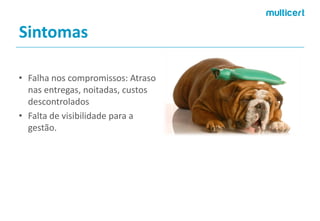 Sintomas 
•Falha nos compromissos: Atraso nas entregas, noitadas, custos descontrolados 
•Falta de visibilidade para a gestão.  