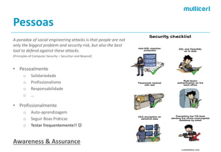 Pessoas 
A paradox of social engineering attacks is that people are not only the biggest problem and security risk, but also the best tool to defend against these attacks. 
(PrinciplesofComputerSecurity–Security+ andBeyond) 
•Pessoalmente 
oSolidariedade 
oProfissionalismo 
oResponsabilidade 
o… 
•Profissionalmente 
oAuto-aprendizagem 
oSeguirBoas Práticas 
oTestar frequentemente!!  
Awareness& Assurance  