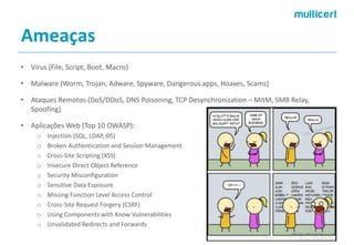 Ameaças 
•Vírus(File, Script, Boot, Macro) 
•Malware (Worm, Trojan, Adware, Spyware, Dangerous apps, Hoaxes, Scams) 
•Ataques Remotos (DoS/DDoS, DNS Poisoning, TCP Desynchronization–MitM, SMB Relay, Spoofing) 
•Aplicações Web (Top 10 OWASP): 
oInjection(SQL, LDAP, OS) 
oBrokenAuthenticationandSessionManagement 
oCross-Site Scripting(XSS) 
oInsecureDirectObjectReference 
oSecurityMisconfiguration 
oSensitiveData Exposure 
oMissingFunctionLevelAccess Control 
oCross-Site RequestForgery(CSRF) 
oUsingComponentswithKnowVulnerabilities 
oUnvalidatedRedirectsandForwards  