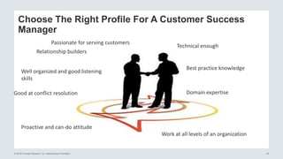© 2016 Forrester Research, Inc. Reproduction Prohibited 30
Choose The Right Profile For A Customer Success
Manager
Passionate for serving customers
Relationship builders
Well organized and good listening
skills
Good at conflict resolution
Proactive and can-do attitude
Technical enough
Best practice knowledge
Domain expertise
Work at all levels of an organization
 