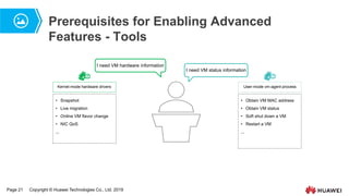 Page 21 Copyright © Huawei Technologies Co., Ltd. 2019
Prerequisites for Enabling Advanced
Features - Tools
I need VM hardware information
I need VM status information
Kernel-mode hardware drivers
• Snapshot
• Live migration
• Online VM flavor change
• NIC QoS
...
User-mode vm-agent process
• Obtain VM MAC address
• Obtain VM status
• Soft shut down a VM
• Restart a VM
...
 