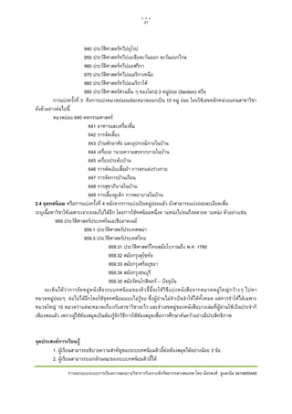 21     

 

                              940 ประวัติศาสตรทวีปยุโรป
                              950 ประวัติศาสตรทวีปเอเชียตะวันออก ตะวันออกไกล
                              960 ประวัติศาสตรทวีปแอฟริกา
                              970 ประวัติศาสตรทวีปอเมริกาเหนือ
                              980 ประวัติศาสตรทวีปอเมริกาใต
                              990 ประวัติศาสตรสวนอื่น ๆ ของโลก2.3 หมูยอย (Section) หรือ
          การแบงครั้งที่ 3 คือการแบงหมวดยอยแตละหมวดออกเปน 10 หมู ยอย โดยใชเลขหลักหนวยแทนสาขาวิชา
ดังตัวอยางตอไปนี้
          หมวดยอย 640 คหกรรมศาสตร
                                641 อาหารและเครื่องดื่ม
                                642 การจัดเลี้ยง
                                643 บานพักอาศัย และอุปกรณภายในบาน
                                644 เครื่องอ านวยความสะดวกภายในบาน
                                645 เครื่องประดับบาน
                                646 การตัดเย็บเสื้อผา การตกแตงรางกาย
                                647 การจัดการบานเรือน
                                648 การสุขาภิบาลในบาน
                                649 การเลี้ยงดูเด็ก การพยาบาลในบาน
2.4 จุดทศนิ ยม หรือการแบงครั้งที่ 4 หลังจากการแบงเปนหมูยอยแลว ยังสามารถแบงยอยละเอียดเพื่อ
ระบุเนื้อหาวิชาใหเฉพาะเจาะจงลงไปไดอีก โดยการใชทศนิยมหนึ่งต าแหนงไปจนถึงหลายต าแหนง ตัวอยางเชน
           959 ประวัติศาสตรประเทศในเอเชียอาคเนย
                              959.1 ประวัติศาสตรประเทศพมา
                              959.3 ประวัติศาสตรประเทศไทย
                                                 959.31 ประวัติศาสตรไทยสมัยโบราณถึง พ.ศ. 1780
                                                 959.32 สมัยกรุงสุโขทัย
                                                 959.33 สมัยกรุงศรีอยุธยา
                                                 959.34 สมัยกรุงธนบุรี
                                                 959.35 สมัยรัตนโกสินทร – ปจจุบน          ั
     จะเห็ น ได ว า การจั ด หมู ห นั ง สื อ ระบบทศนิ ย มของดิ ว อี้ นี้ จ ะใช วิ ธี แ บ ง หนั งสื อ จากหมวดหมู ใ หญ ก ว า งๆ ไปหา
หมวดหมูยอยๆ ตอไปไดอีกโดยใชจุดทศนิยมแบบไมรูจบ ซึ่งผูอานไมจําเปนจําใหไดทั้งหมด แตควรจําใหไดเฉพาะ
หมวดใหญ 10 หมวดวาแตละหมวดเกี่ยวกับสาขาวิชาอะไร และจําเลขหมูของหนังสือบางเลมที่ผูอานใชเปนประจําก็
เพียงพอแลว เพราะผูใชหองสมุดเปนตองรูจักวิธีการใชหองสมุดเพื่อการศึกษาคนควาอยางมีประสิทธิภาพ


จุดประสงค์การเรียนรู้
       1. ผูเรียนสามารถอธิบายความสําคัญของระบบทศนิยมดิวอี้ตอหองสมุดไดอยางนอย 3 ขอ
       2. ผูเรียนสามารถบอกลักษณะของระบบทศนิยมดิวอี้ได

                    การออกแบบระบบการเรียนการสอนรายวิชาการวิเคราะหทรัพยากรสารสนเทศ โดย ฉัตรพงศ ชูแสงนิล 5414600449
 