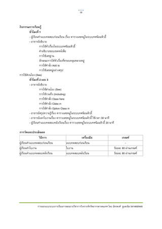28    

 

กิ จกรรมการเรียนรู้
         ชัวโมงที่ 1
           ่
         - ผูเรียนทําแบบทดสอบกอนเรียน เรื่อง ตารางเลขหมูในระบบทศนิยมดิวอี้
         - อาจารยอธิบาย
                    การใชหัวเรื่องในระบบทศนิยมดิวอี้
                    คําอธิบายขอบเขตหนังสือ
                    การใชเลขฐาน
                    ลักษณะการใหหัวเรื่องที่ครอบคลุมหลายหมู
                    การใชคําลั่ง Add to
                    การใชเลขหมูอยางสรุป
การใชสวนโยง (See)
         ชัวโมงที่ 2 และ 3
             ่
         - อาจารยอธิบาย
                    การใชสวนโยง (See)
                            
                    การใชรวมถึง (Including)
                    การใชคําสั่ง Class here
                    การใชคําลั่ง Class in
                    การใชคําสั่ง Option Class in
         - อาจารยสรุปความรูเรื่อง ตารางเลขหมูในระบบทศนิยมดิวอี้
         - อาจารยแจกใบงานเรื่อง ตารางเลขหมูในระบบทศนิยมดิวอี้ ใชเวลา 30 นาที
         - ผูเรียนทําแบบทดสอบหลังเรียนเรื่อง ตารางเลขหมูในระบบทศนิยมดิวอี้ 20 นาที

การวัดและประเมิ นผล
                 วิ ธีการ                           เครื่องมือ                                เกณฑ์
ผูเรียนทําแบบทดสอบกอนเรียน             แบบทดสอบกอนเรียน                                      -
ผูเรียนทําใบงาน                         ใบงาน                                         รอยละ 80 ผานเกณฑ
ผูเรียนทําแบบทดสอบหลังเรียน             แบบทดสอบหลังเรียน                             รอยละ 80 ผานเกณฑ




                การออกแบบระบบการเรียนการสอนรายวิชาการวิเคราะหทรัพยากรสารสนเทศ โดย ฉัตรพงศ ชูแสงนิล 5414600449
 