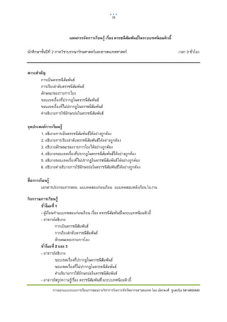 29    

 

                          แผนการจัดการเรียนรู้ เรื่อง ดรรชนี สมพันธ์ในระบบทศนิ ยมดิ วอี้
                                                              ั

นักศึกษาชั้นปที่ 2 ภาควิชาบรรณารักษศาสตรและสารสนเทศศาสตร                                      เวลา 3 ชั่วโมง


สาระสําคัญ
       การเปนดรรชนีสัมพันธ
       การเรียงลําดับดรรชนีสัมพันธ
       ลักษณะของรายการโยง
       ขอบเขตเรื่องที่ปรากฏในดรรชนีสัมพันธ
       ขอบเขตเรื่องที่ไมปรากฏในดรรชนีสัมพันธ
       คําอธิบายการใชอักษรยอในดรรชนีสัมพันธ

จุดประสงค์การเรียนรู้
       1. อธิบายการเปนดรรชนีสัมพันธไดอยางถูกตอง
       2. อธิบายการเรียงลําดับดรรชนีสัมพันธไดอยางถูกตอง
       3. อธิบายลักษณะของรายการโยงไดอยางถูกตอง
       4. อธิบายขอบเขตเรื่องที่ปรากฏในดรรชนีสัมพันธไดอยางถูกตอง
       5. อธิบายขอบเขตเรื่องที่ไมปรากฏในดรรชนีสัมพันธไดอยางถูกตอง
       6. อธิบายคําอธิบายการใชอักษรยอในดรรชนีสัมพันธไดอยางถูกตอง

สื่อการเรียนรู้
         เอกสารประกอบการสอน แบบทดสอบกอนเรียน แบบทดสอบหลังเรียน ใบงาน

กิ จกรรมการเรียนรู้
        ชัวโมงที่ 1
          ่
        - ผูเรียนทําแบบทดสอบกอนเรียน เรื่อง ดรรชนีสัมพันธในระบบทศนิยมดิวอี้
        - อาจารยอธิบาย
                   การเปนดรรชนีสัมพันธ
                   การเรียงลําดับดรรชนีสัมพันธ
                   ลักษณะของรายการโยง
        ชัวโมงที่ 2 และ 3
            ่
        - อาจารยอธิบาย
                   ขอบเขตเรื่องที่ปรากฏในดรรชนีสัมพันธ
                   ขอบเขตเรื่องที่ไมปรากฏในดรรชนีสัมพันธ
                   คําอธิบายการใชอักษรยอในดรรชนีสัมพันธ
        - อาจารยสรุปความรูเรื่อง ดรรชนีสัมพันธในระบบทศนิยมดิวอี้
                การออกแบบระบบการเรียนการสอนรายวิชาการวิเคราะหทรัพยากรสารสนเทศ โดย ฉัตรพงศ ชูแสงนิล 5414600449
 