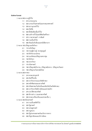 3     

 

Outline Format
        1. หมวด 000 ความรูทั่วไป
                1.1 010 บรรณานุกรม
                1.2 020 บรรณารักษศาสตรและสารสนเทศศาสตร
                1.3 030 สารานุกรมทั่วไป
                1.4 040 (ไมใช)
                1.5 050 สิ่งพิมพตอเนื่องทั่วไป
                1.6 060 องคการทั่วไปและพิพิธภัณฑวทยา
                                                   ิ
                1.7 070 วารสารศาสตร การพิมพ
                1.8 080 รวมเรื่องทั่วไป
                1.9 090 ตนฉบับตัวเขียนและหนังสือหายาก
        2. หมวด 100 ปรัชญาและจิตวิทยา
                2.1 110 อภิปรัชญา
                2.2 120 ทฤษฏีความรู สาเหตุมนุษย
                2.3 130 จิตวิทยานามธรรม
                2.4 140 แนวคิดของปรัชญาเฉพาะกลุม
                2.5 150 จิตวิทยา
                2.6 160 ตรรกวิทยา
                2.7 170 จริยศาสตร
                2.8 180 ปรัชญาสมัยโบราณ ปรัชญาสมัยกลาง ปรัชญาตะวันออก
                2.9 190 ปรัชญาตะวันตกสมัยใหม
        3. หมวด 200 ศาสนา
                3.1 210 ศาสนาธรรมชาติ
                3.2 220 คัมภีรไบเบิ้ล
                3.3 230 เทววิทยาตามแนวคริสตศาสนา
                3.4 240 หลักศีลธรรมของชาวคริสต
                3.5 250 คริสตศาสนาในทองถิ่นและขอบังคับในคริสตศาสนา
                3.6 260 เทววิทยาคริสตทางสังคมและศาสนจักร
                3.7 270 ประวัติศาสนาคริสต
                3.8 280 นิกายตาง ๆ ของสาสนาคริสต
                3.9 290 ศาสนาเปรียบเทียบและศาสนาอื่น ๆ
        4. หมวด 300 สังคมศาสตร
                4.1 310 รวมเรื่องสถิติทั่วไป
                4.2 320 รัฐศาสตร
                4.3 330 เศรษฐศาสตร
                4.4 340 กฎหมาย
                4.5 350 รัฐประศาสนศาสตรและวิชาการทหาร
                4.6 360 ปญหาสังคมและบริการสังคม


             การออกแบบระบบการเรียนการสอนรายวิชาการวิเคราะหทรัพยากรสารสนเทศ โดย ฉัตรพงศ ชูแสงนิล 5414600449
 