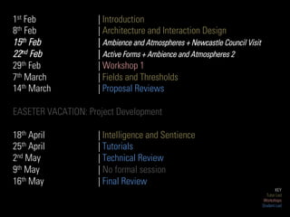 1st Feb              | Introduction
8th Feb              | Architecture and Interaction Design
15th Feb             | Ambience and Atmospheres + Newcastle Council Visit
22nd Feb             | Active Forms + Ambience and Atmospheres 2
29th Feb             | Workshop 1
7th March            | Fields and Thresholds
14th March           | Proposal Reviews

EASETER VACATION: Project Development

18th April           | Intelligence and Sentience
25th April           | Tutorials
2nd May              | Technical Review
9th May              | No formal session
16th May             | Final Review
                                                                                   KEY
                                                                              Tutor Led
                                                                             Workshops
                                                                            Student Led
 