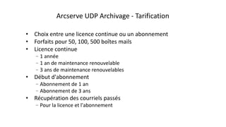 Arcserve UDP Archivage - Tarification
• Choix entre une licence continue ou un abonnement
• Forfaits pour 50, 100, 500 boîtes mails
• Licence continue
–1 année
–1 an de maintenance renouvelable
–3 ans de maintenance renouvelables
• Début d'abonnement
–Abonnement de 1 an
–Abonnement de 3 ans
• Récupération des courriels passés
–Pour la licence et l'abonnement
 
