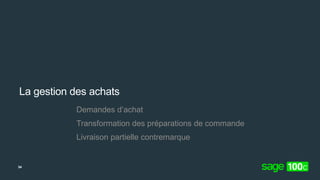 La gestion des achats
Demandes d’achat
Transformation des préparations de commande
Livraison partielle contremarque
34
 