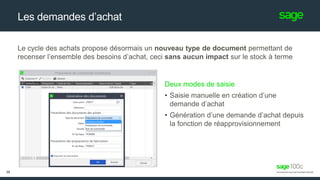 Le cycle des achats propose désormais un nouveau type de document permettant de
recenser l’ensemble des besoins d’achat, ceci sans aucun impact sur le stock à terme
Les demandes d’achat
35
Deux modes de saisie
• Saisie manuelle en création d’une
demande d’achat
• Génération d’une demande d’achat depuis
la fonction de réapprovisionnement
 