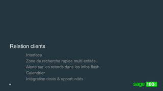 Relation clients
Interface
Zone de recherche rapide multi entités
Alerte sur les retards dans les infos flash
Calendrier
Intégration devis & opportunités
59
 