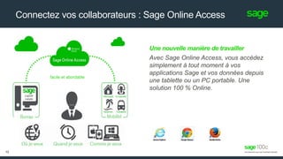 Connectez vos collaborateurs : Sage Online Access
Une nouvelle manière de travailler
Avec Sage Online Access, vous accédez
simplement à tout moment à vos
applications Sage et vos données depuis
une tablette ou un PC portable. Une
solution 100 % Online.
12
facile et abordable
 