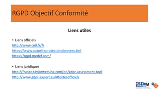 RGPD Objectif Conformité
• Liens officiels
http://www.cnil.fr/fr
https://www.autoriteprotectiondonnees.be/
https://rgpd.medef.com/
• Liens juridiques
http://france.taylorwessing.com/en/gdpr-assessment-tool
http://www.gdpr-expert.eu/#textesofficiels
Liens utiles
 