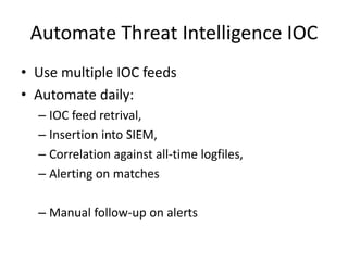 Automate Threat Intelligence IOC
• Use multiple IOC feeds
• Automate daily:
– IOC feed retrival,
– Insertion into SIEM,
– Correlation against all-time logfiles,
– Alerting on matches
– Manual follow-up on alerts
 