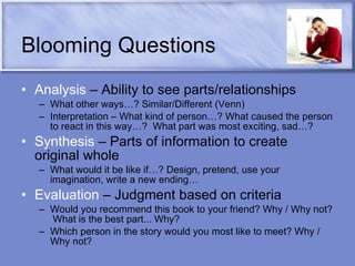 Blooming Questions Analysis  – Ability to see parts/relationships What other ways…? Similar/Different (Venn) Interpretation – What kind of person…? What caused the person to react in this way…?  What part was most exciting, sad…? Synthesis  – Parts of information to create original whole What would it be like if…? Design, pretend, use your imagination, write a new ending… Evaluation  – Judgment based on criteria Would you recommend this book to your friend? Why / Why not?  What is the best part... Why?  Which person in the story would you most like to meet? Why / Why not?  