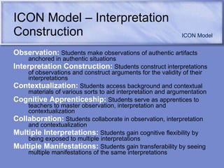 ICON Model – Interpretation Construction Observation:  Students make observations of authentic artifacts anchored in authentic situations  Interpretation Construction:  Students construct interpretations of observations and construct arguments for the validity of their interpretations  Contextualization:  Students access background and contextual materials of various sorts to aid interpretation and argumentation  Cognitive Apprenticeship:  Students serve as apprentices to teachers to master observation, interpretation and contextualization  Collaboration:  Students collaborate in observation, interpretation and contextualization  Multiple Interpretations:  Students gain cognitive flexibility by being exposed to multiple interpretations  Multiple Manifestations:  Students gain transferability by seeing multiple manifestations of the same interpretations  ICON Model 