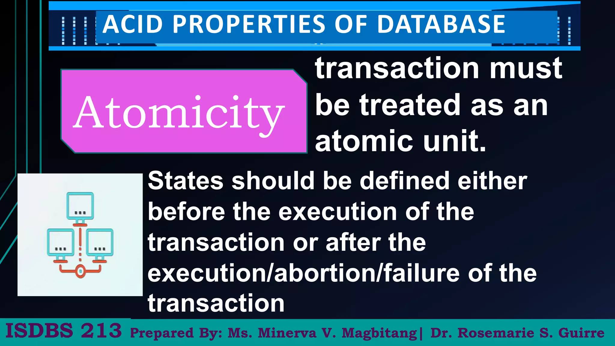 Prepared By: Ms. Minerva V. Magbitang| Dr. Rosemarie S. Guirre
ISDBS 213
ACID PROPERTIES OF DATABASE
Atomicity
transaction must
be treated as an
atomic unit.
States should be defined either
before the execution of the
transaction or after the
execution/abortion/failure of the
transaction
 
