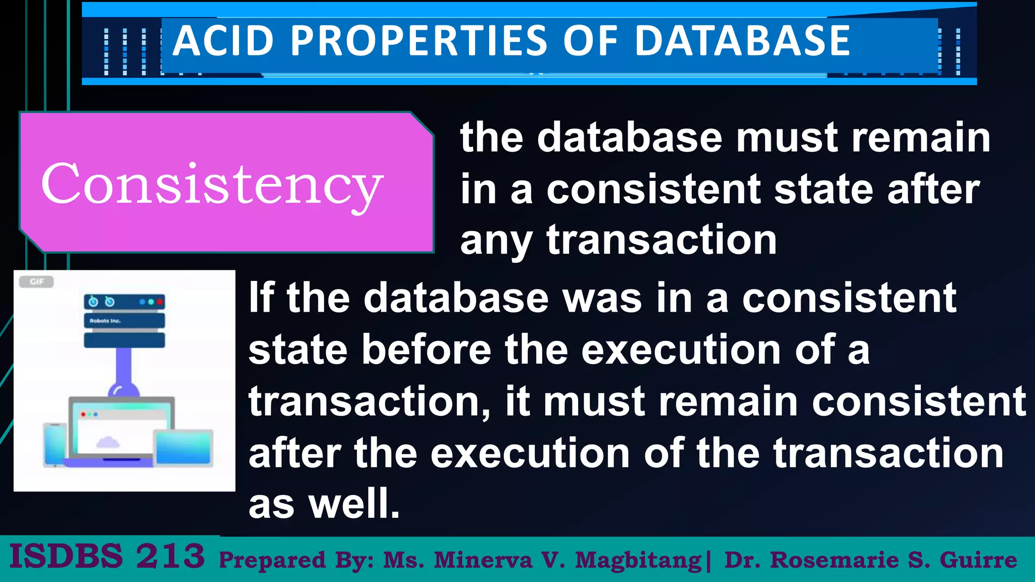 Prepared By: Ms. Minerva V. Magbitang| Dr. Rosemarie S. Guirre
ISDBS 213
ACID PROPERTIES OF DATABASE
Consistency
the database must remain
in a consistent state after
any transaction
If the database was in a consistent
state before the execution of a
transaction, it must remain consistent
after the execution of the transaction
as well.
 