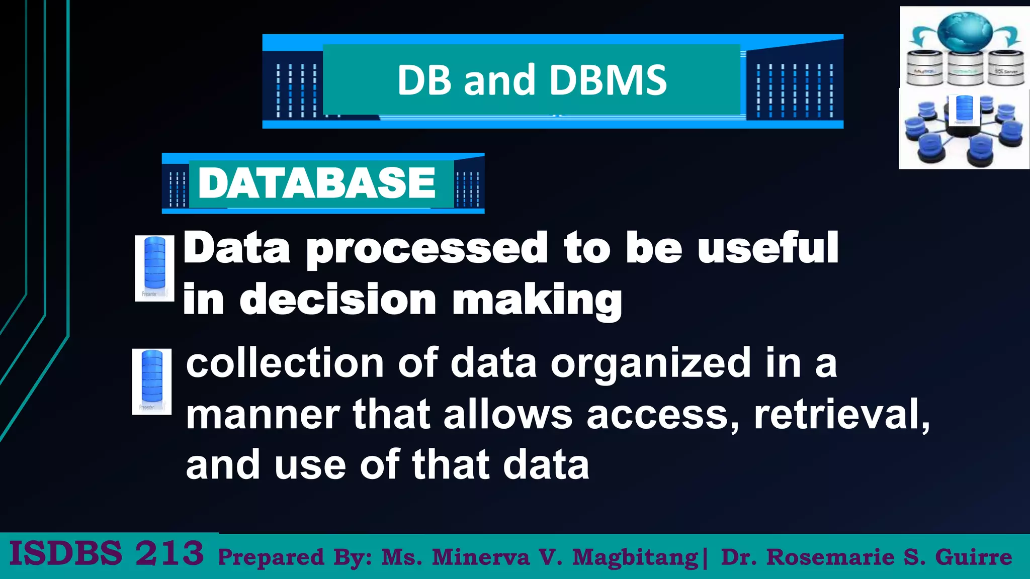DB and DBMS
Data processed to be useful
in decision making
DATABASE
collection of data organized in a
manner that allows access, retrieval,
and use of that data
Prepared By: Ms. Minerva V. Magbitang| Dr. Rosemarie S. Guirre
ISDBS 213
 