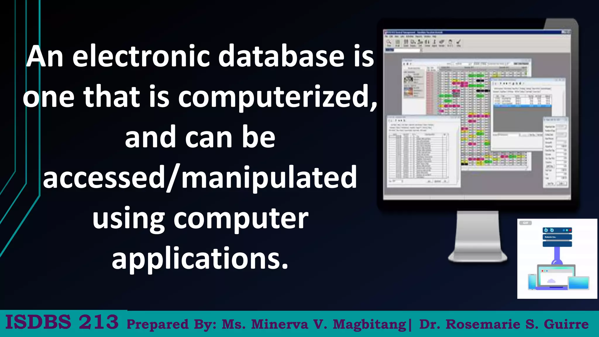 An electronic database is
one that is computerized,
and can be
accessed/manipulated
using computer
applications.
Prepared By: Ms. Minerva V. Magbitang| Dr. Rosemarie S. Guirre
ISDBS 213
 