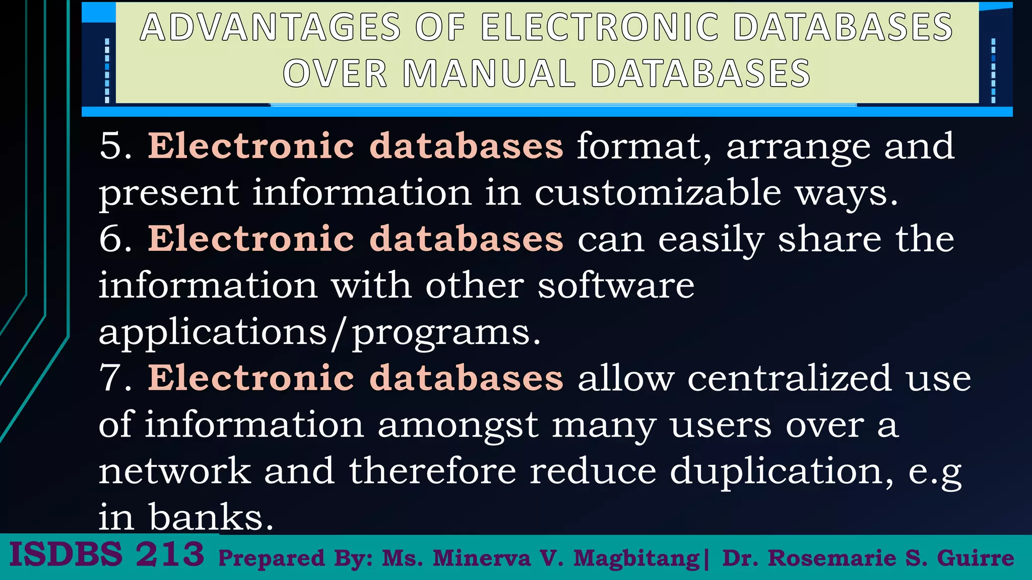 5. format, arrange and
present information in customizable ways.
6. can easily share the
information with other software
applications/programs.
7. allow centralized use
of information amongst many users over a
network and therefore reduce duplication, e.g
in banks.
Prepared By: Ms. Minerva V. Magbitang| Dr. Rosemarie S. Guirre
ISDBS 213
 