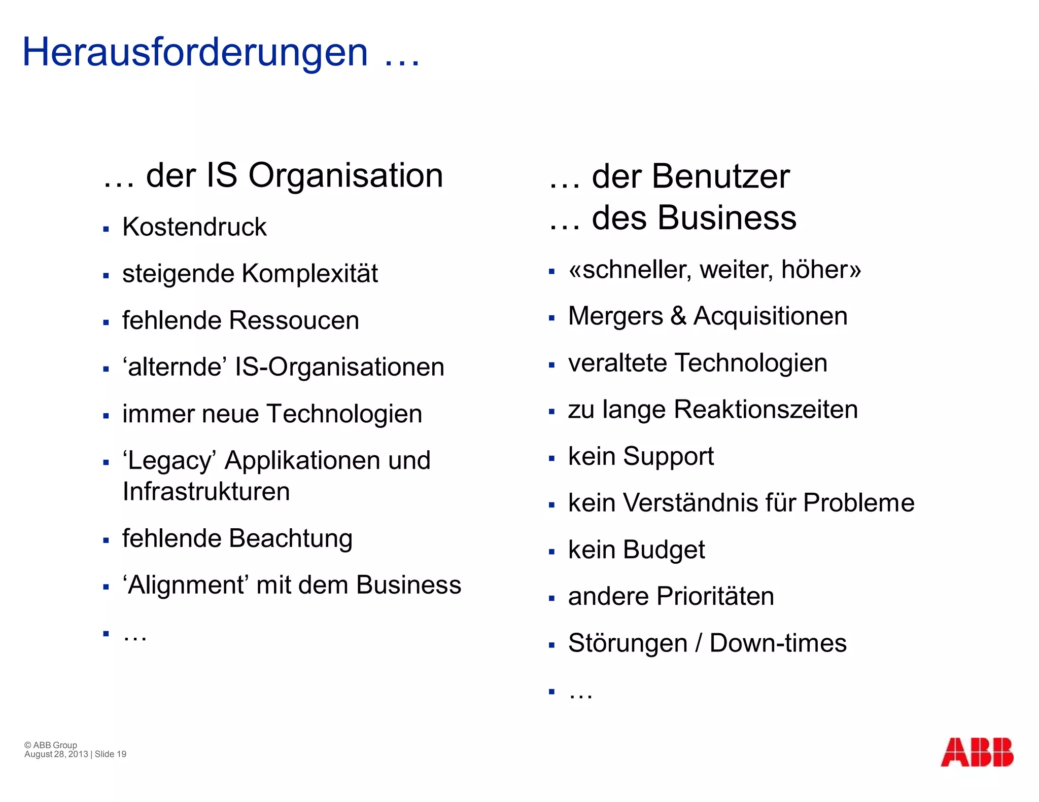 Herausforderungen …
… der IS Organisation
§ Kostendruck
§ steigende Komplexität
§ fehlende Ressoucen
§ ‘alternde’ IS-Organisationen
§ immer neue Technologien
§ ‘Legacy’ Applikationen und
Infrastrukturen
§ fehlende Beachtung
§ ‘Alignment’ mit dem Business
§ …
© ABB Group
August 28, 2013 | Slide 19
… der Benutzer
… des Business
§ «schneller, weiter, höher»
§ Mergers & Acquisitionen
§ veraltete Technologien
§ zu lange Reaktionszeiten
§ kein Support
§ kein Verständnis für Probleme
§ kein Budget
§ andere Prioritäten
§ Störungen / Down-times
§ …
 