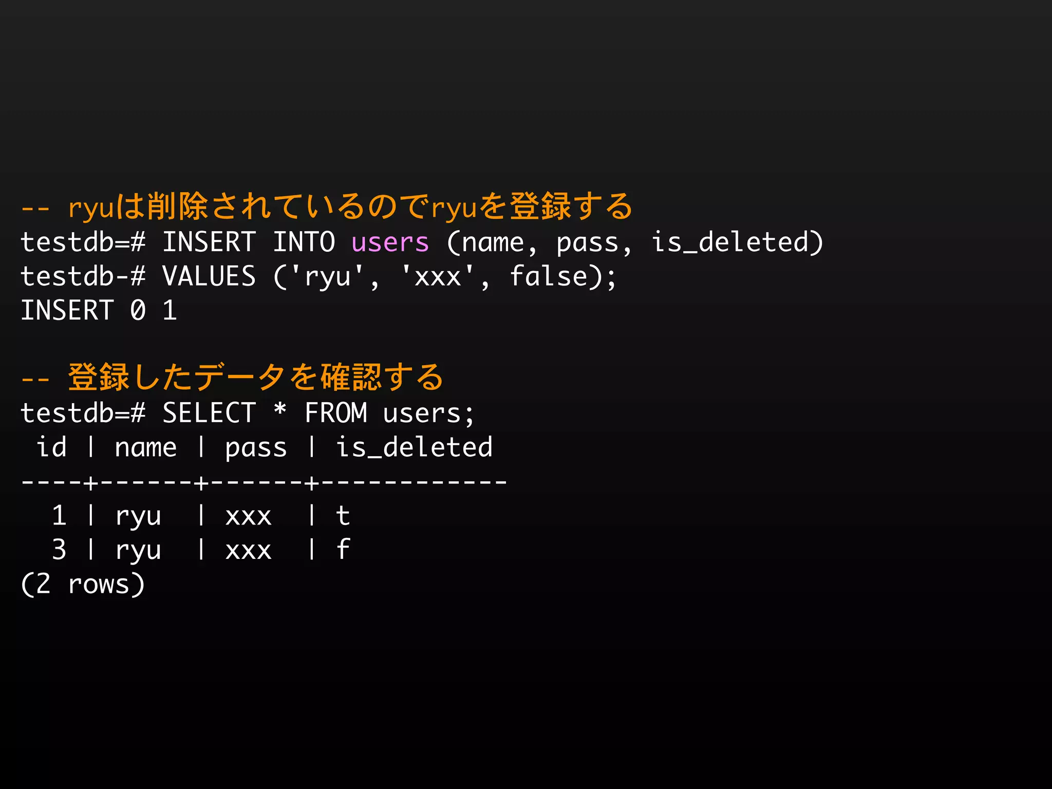 --	 ryuは削除されているのでryuを登録する
testdb=#	 INSERT	 INTO	 users	 (name,	 pass,	 is_deleted)
testdb-#	 VALUES	 ('ryu',	 'xxx',	 false);
INSERT	 0	 1

--	 登録したデータを確認する
testdb=#	 SELECT	 *	 FROM	 users;
	 id	 |	 name	 |	 pass	 |	 is_deleted	 
----+------+------+------------
	 	 1	 |	 ryu	 	 |	 xxx	 	 |	 t
	 	 3	 |	 ryu	 	 |	 xxx	 	 |	 f
(2	 rows)
 