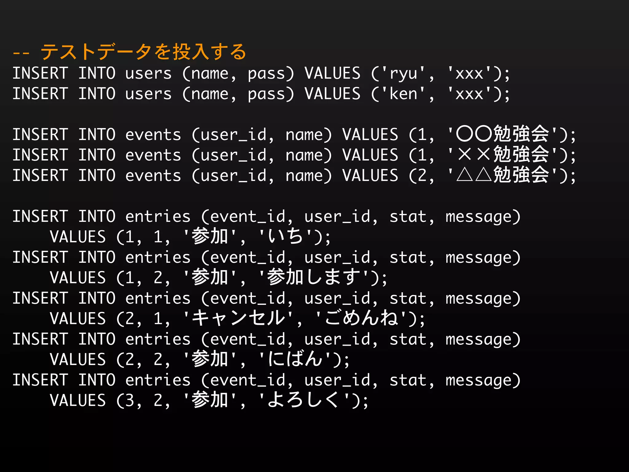 --	 テストデータを投入する
INSERT	 INTO	 users	 (name,	 pass)	 VALUES	 ('ryu',	 'xxx');
INSERT	 INTO	 users	 (name,	 pass)	 VALUES	 ('ken',	 'xxx');

INSERT	 INTO	 events	 (user_id,	 name)	 VALUES	 (1,	 '〇〇勉強会');
INSERT	 INTO	 events	 (user_id,	 name)	 VALUES	 (1,	 '××勉強会');
INSERT	 INTO	 events	 (user_id,	 name)	 VALUES	 (2,	 '△△勉強会');

INSERT	 INTO	 entries	 (event_id,	 user_id,	 stat,	 message)
	 	 	 	 VALUES	 (1,	 1,	 '参加',	 'いち');
INSERT	 INTO	 entries	 (event_id,	 user_id,	 stat,	 message)	 
	 	 	 	 VALUES	 (1,	 2,	 '参加',	 '参加します');
INSERT	 INTO	 entries	 (event_id,	 user_id,	 stat,	 message)	 
	 	 	 	 VALUES	 (2,	 1,	 'キャンセル',	 'ごめんね');
INSERT	 INTO	 entries	 (event_id,	 user_id,	 stat,	 message)
	 	 	 	 VALUES	 (2,	 2,	 '参加',	 'にばん');
INSERT	 INTO	 entries	 (event_id,	 user_id,	 stat,	 message)
	 	 	 	 VALUES	 (3,	 2,	 '参加',	 'よろしく');
 