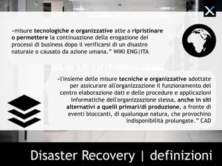 Costi vs benefici
€
tempo
0 RTORPO
Costo della disponibilità
dei dati
Costo della disponibilità
dei sistemi
Ore necessarie per ripristinare i sistemiOre di operazioni perdute
Costo della
perdita dei
dati
Costi del
downtime
dei sistemiQuesto è
l’equilibrio
ottimale
 